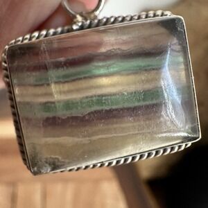 VTG Artisan Pendant 1 3/16 Inch Banded Purple Green Fluorite 925 Sterling 14.0g